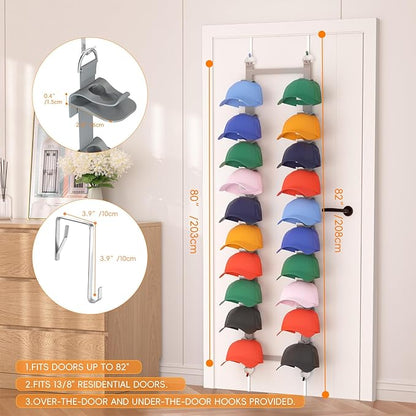 Over the Door Hat Organizer, Adjustable Hat Rack for Door with 20 Clips on 2 Straps Holds 40 Caps, No-Drill Hat Organizer for Baseball Caps, Fits Bedroom Closet Door (Gray)