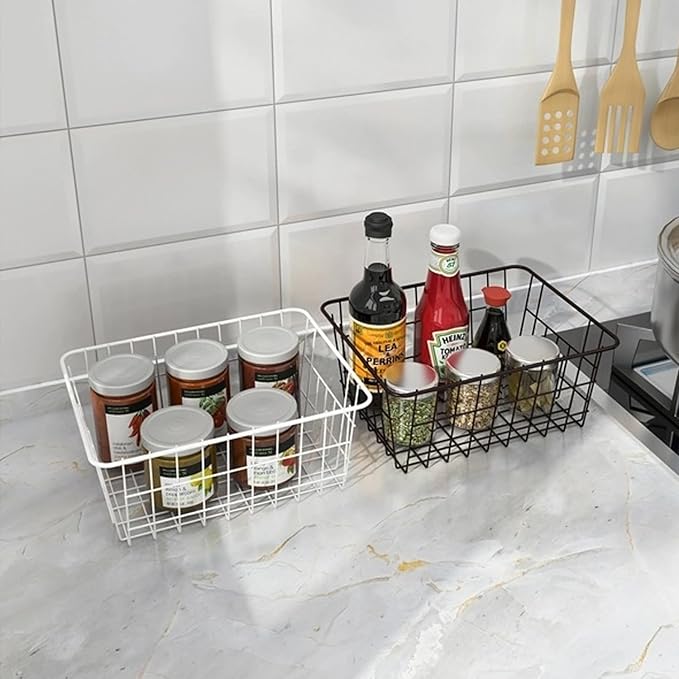 Redrubbit Wire Storage Baskets, Large Farmhouse Metal Freezer Basket Storage Organizer Bins with Handles for Kitchen Cabinets, Pantry, Closets, Bedrooms, Bathrooms, Set of 4, Black