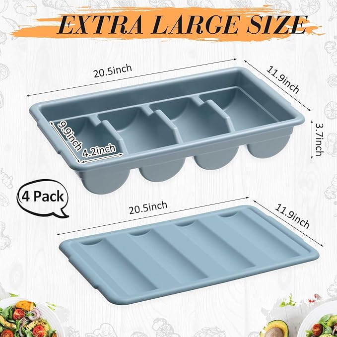 Maxdot 4 Pcs 20.5 x 11.9 x 3.7 Inch Silverware Organizer with Lid, Commercial 4-compartment Restaurant Kitchen Cutlery Tray, Plastic Silverware Storage Container, Condiments Holder (Grayish Blue)