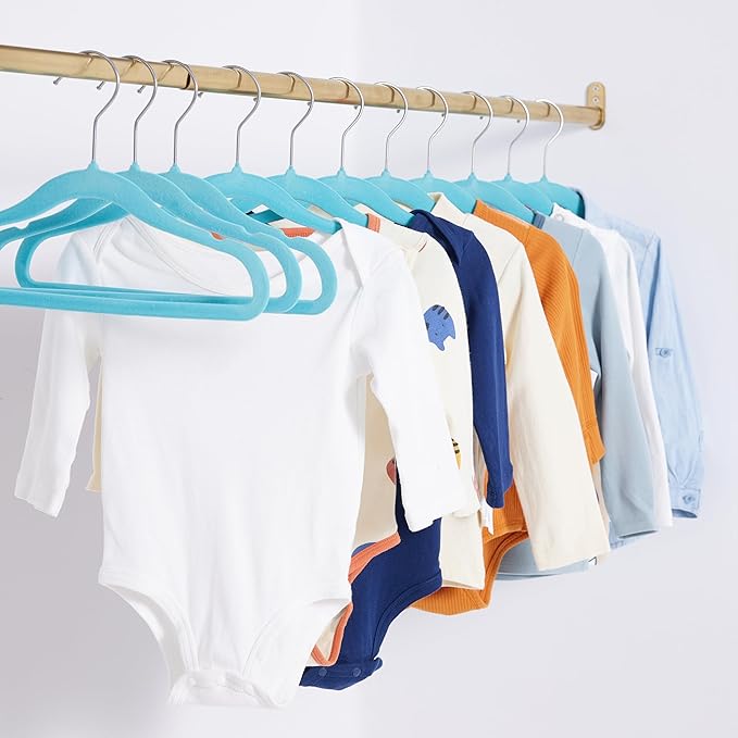 Amazon Basics Kids Space Saving Velvet Non-Slip Clothes Hangers with Shoulder Notches for Infant and Toddler, 11.6", Blue, 50-Pack