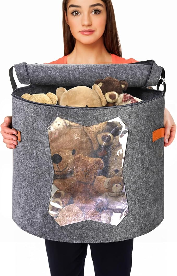 Yopay 2 Pack Hat Storage Boxes for Women, Oversized Round Travel Hat Container with Dust Proof Lid Window, Foldable Stuffed Toys Clothes Brim Hats Storage Organizer Bag Bin, Adjustable Shoulder Strap