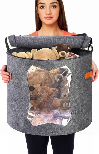 Yopay 2 Pack Hat Storage Boxes for Women, Oversized Round Travel Hat Container with Dust Proof Lid Window, Foldable Stuffed Toys Clothes Brim Hats Storage Organizer Bag Bin, Adjustable Shoulder Strap