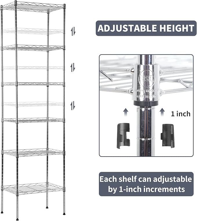 6-Shelf Adjustable Storage Shelves 600Lb Capacity Metal Wire Shelving Unit Storage Rack for Kitchen Bathroom Corner Shelf Organizer for Small Space, 16.7D x 11.8W x 63H, Chrome
