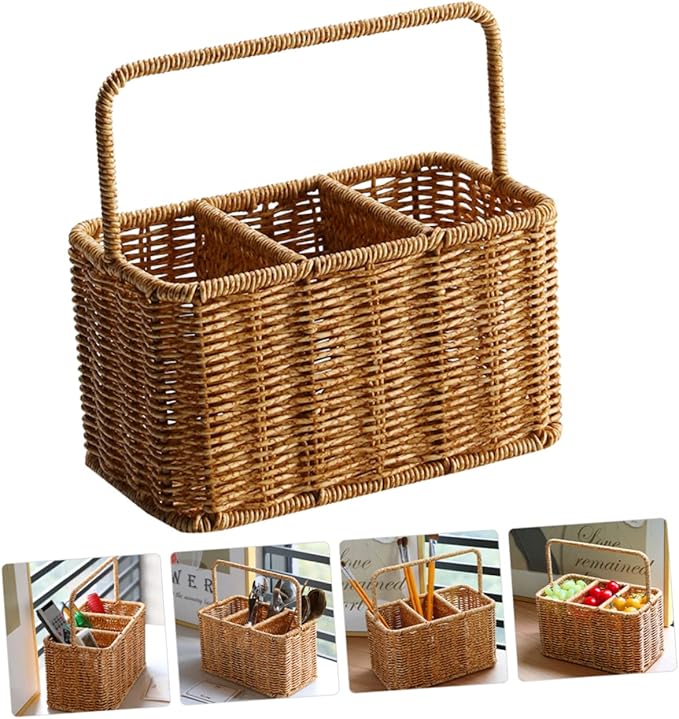 SOLUSTRE Woven Divided Cutlery Storage Basket 8.85X8.66X4.92 Inch Portable Silverware Organizer for Kitchen Countertop and Dining Room Utensil Caddy