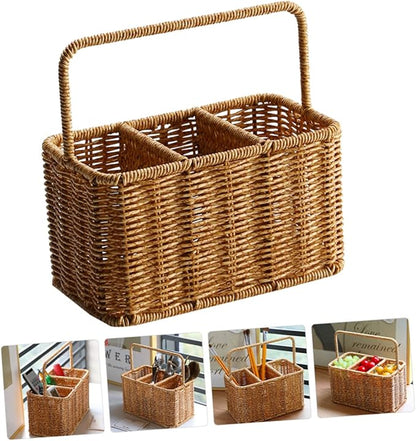 SOLUSTRE Woven Divided Cutlery Storage Basket 8.85X8.66X4.92 Inch Portable Silverware Organizer for Kitchen Countertop and Dining Room Utensil Caddy