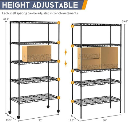 5-Tier Wire Shelves 61" H x 30" x 14" Metal Storage Shelves Adjustable Wire Shelving Rack with Wheels & Leveling Feet NSF Metal Shelf Unit for Kitchen Pantry, 1200Lb Capacity, Black