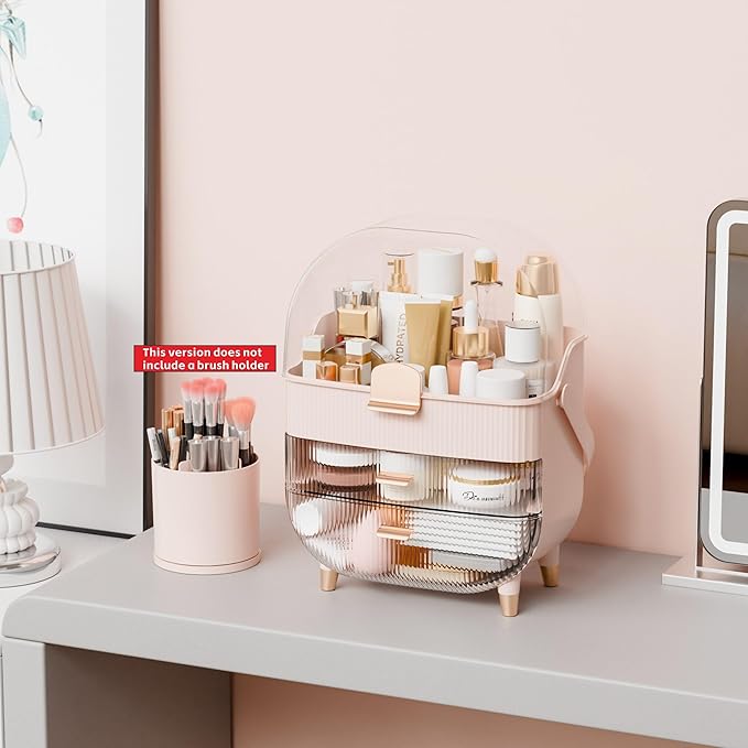 Yieach Countertop Makeup Organizer With Lid,Large Skincare Organizers With 2 Drawers,Dustproof Cosmetic Display Cases for Bathroom,Dresser,Lotion,Beauty,Skin Care Holder,Makeup Storage Organizer,Pink