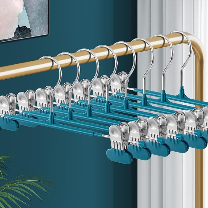 14Inch Clothes Pants Hangers with WideClips 10 Pack,Non-Slip Adjustable Skirt Hanger for Women,Space-Saving Heavy Duty Men Hangers for Pants,Trousers,Jeans,Shorts,Blue
