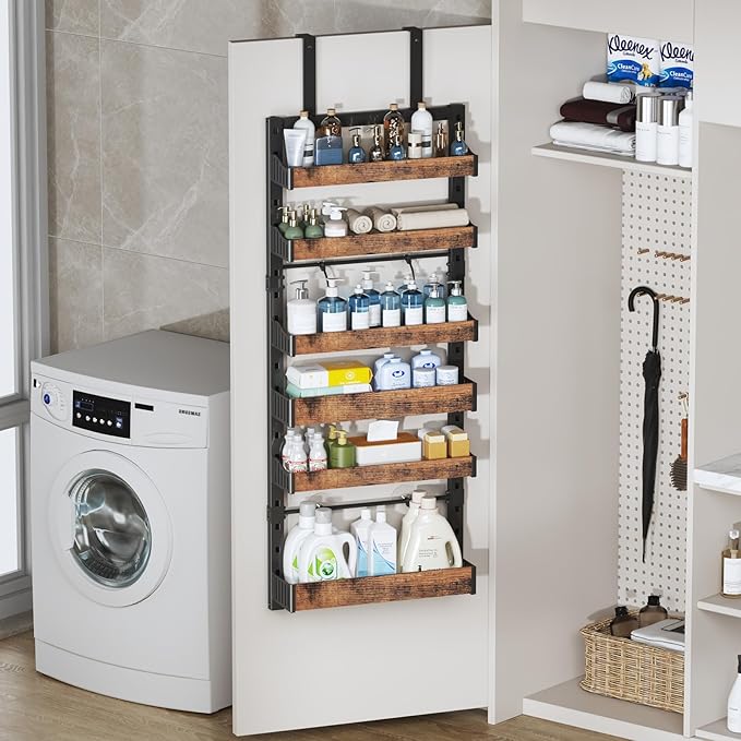 6-Tier Over The Door Pantry Organizer, Heavy-Duty Metal Wall Mount or Hanging Spice Rack, behind the door storage Shelves with Adjustable Basket, Back of Door Organizer for Kitchen Cabinet and Closet