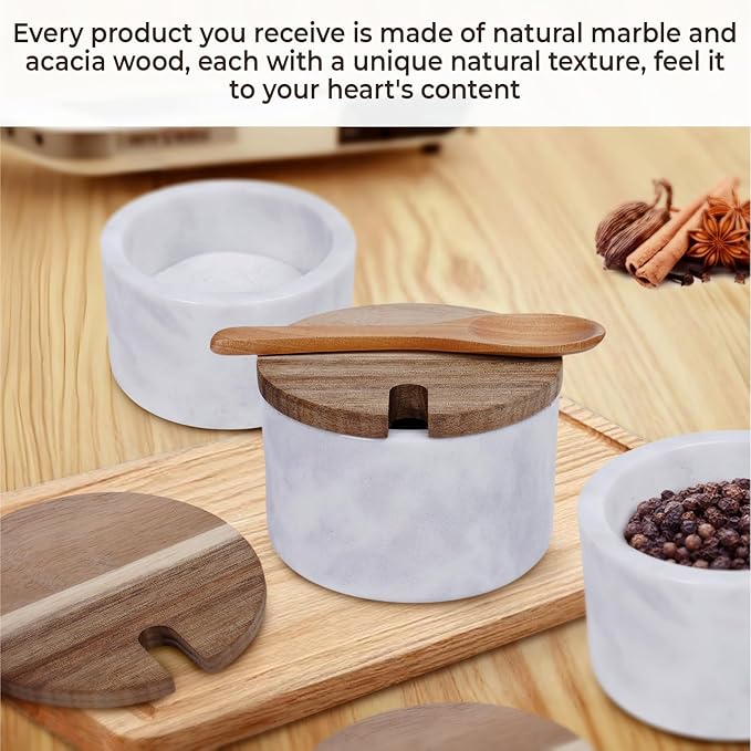 A salt cellar with a wooden lid and spoon,Elegant Kitchen Salt Container for Storage Pepper Spice Bath Salt Sea Salt