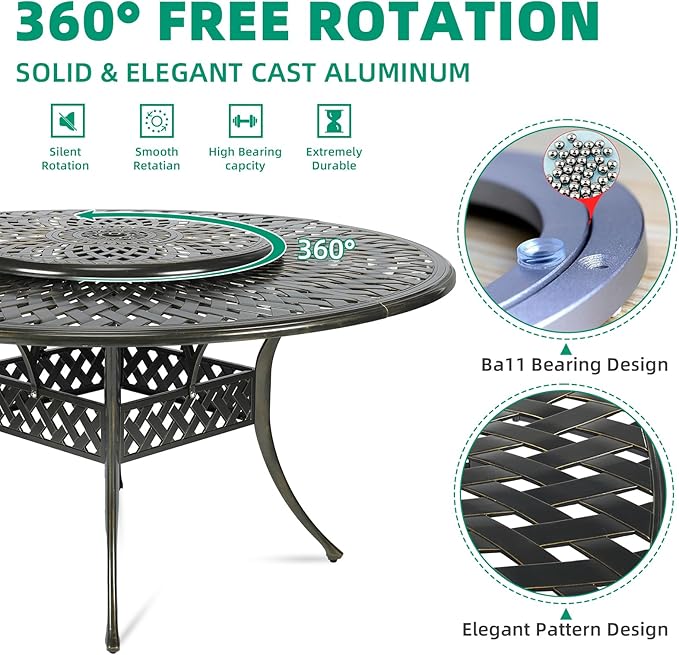 VIVIJASON 31" Cast Aluminum Lazy Susan Turntable, 360° Large Rotating Display Tray with Silent Bearings, Round Table Top Swivel Serving Plate with 2" Umbrella Hole for Outdoor Dining Table