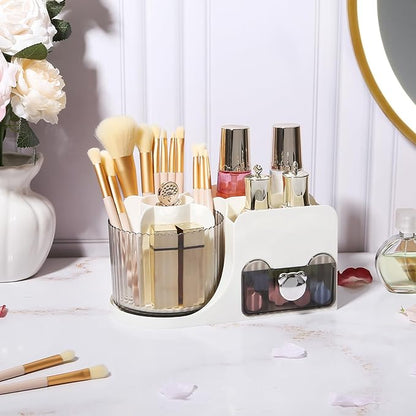 DASITON Makeup Organizer with Drawer, 360° Rotating Makeup Brush Holder, Makeup and Skincare Storage Box, Make Up Organizers for Vantiy, Desktop, Bathroom Countertop, Cosmetic Display Case (White)