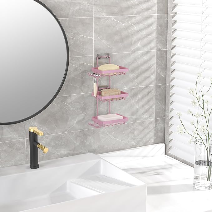 Moforoco 3 Tier Pink Soap Dish Holder for Shower Wall, No Drilling, 304 Stainless Steel, Soap Bar with 4 Hooks and Razor Holder for Shower, Shampoo Bar Holder for Girly Bathroom Accessory Decor