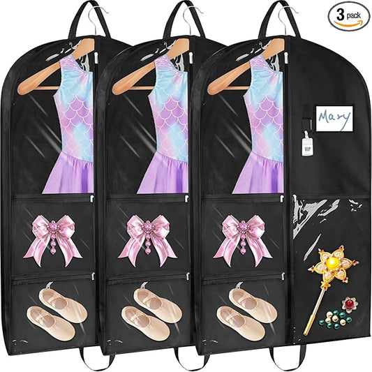 Sishynio Garment Bags for Dance Costumes 3 Pack, 43 Inch Black Kids Garment Bag with 5 Pockets, Waterproof Hanging Clothes Bag for Dance Competitions Cheer Uniform Suit Travel