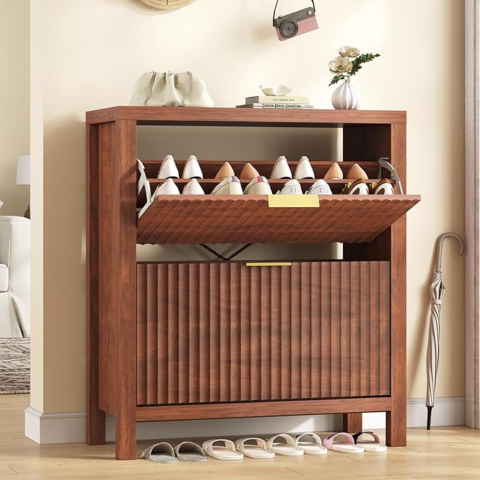 YOMILUVE Shoe Cabinet Storage for Entryway, Fluted Shoe Cabinet with 2 Flip Drawers, Hidden Shoe Rack Tall Freestanding Shoe Organizer with Legs for Hallway, Walnut