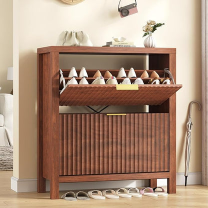 YOMILUVE Shoe Cabinet Storage for Entryway, Fluted Shoe Cabinet with 2 Flip Drawers, Hidden Shoe Rack Tall Freestanding Shoe Organizer with Legs for Hallway, Walnut