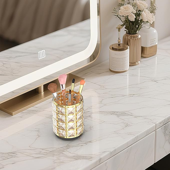 LUGUNU Makeup Brush Holder with Golden Silver Crystal Bling – Elegant Vanity Organizer for Brushes, Pens & Pencils, Ideal for Bathroom or Office Countertop(2Pack)