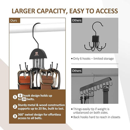 ZEDODIER 2 Pack Belt Hanger Rotatable Belt Organizer, Space Saving Belt Rack with 16 Adjustable Hooks for Closet Organizers and Storage, Sturdy Belt Holder Storage, Black