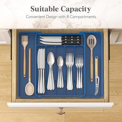 Lifewit Silverware Drawer Organizer, Expandable Utensil Tray for Kitchen, BPA Free Flatware and Cutlery Holder, Adjustable Plastic Storage for Spoons Forks Knives, 10.9"-17.5" x 13.7", Dark Blue