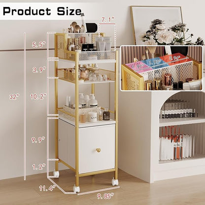 Makeup Organizer Storage Cart with Drawers, Large Floor Makeup Skincare Organizers, Rolling Makeup Cart Vanity Organizer Cosmetics Display Cases Holder for Nail Polish Brush Hair Tool（Gold）
