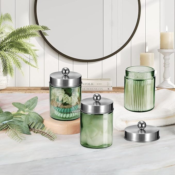 3 Pack Apothecary Jar Canisters Bathroom Vanity Organizer - Qtip Holder Storage Organizer Set Countertop Canister with Stainless Steel Lids &Cute Stickers for Qtips,Cotton Swabs,Makeup Sponges,Floss