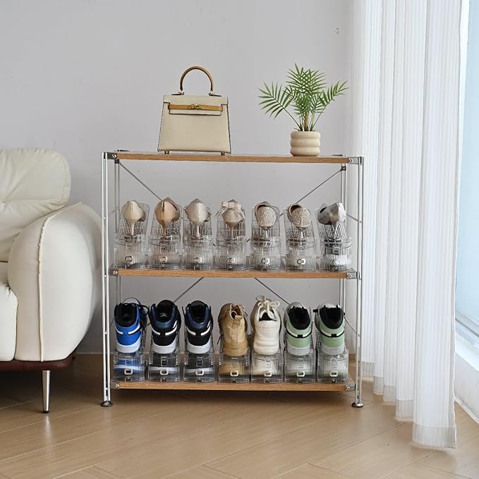 shoe slots organizer, Clear Shoe Stacker, Adjustable Level Shoe Rack,Storage Space Saver for Sneakers Display (Transparent, 16Pack)