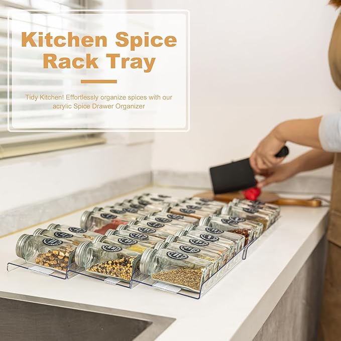 4-Pack Adjustable Spice Rack Organizer for Drawer, Expandable Seasoning Storage (13" to 26") with Anti-Slip Mat, Acrylic Tiered Spice Tray for Condiment, Nail Polish and Jar Organization