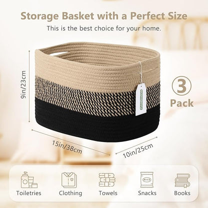 ECDYQXVU Cotton Rope Storage Basket, 15x10x9 Inches, Woven Basket for Shelves, Clothes, Towels, Books, and Laundry, Gradient Black/Brown (3 Pack)