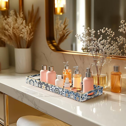 MAONAME Plastic Vanity Tray, Bathroom Counter Tray, Decorative Trays with Handles, Storage Dresser Trays Organizer for Toilet Tank, Jewelry, Makeup, 13.8" x 6" x 1.57"