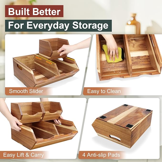 Acacia Wood Pantry Storage Bins, Stackable Potato and Onion Storage Bins for Kitchen Countertop, Set of 3 Wooden Pantry Organizer Baskets for Fruit, Vegetable, Snack