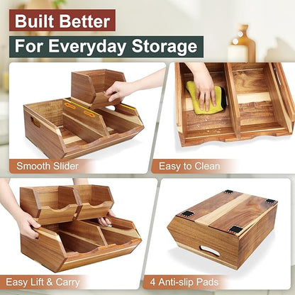 Acacia Wood Pantry Storage Bins, Stackable Potato and Onion Storage Bins for Kitchen Countertop, Set of 3 Wooden Pantry Organizer Baskets for Fruit, Vegetable, Snack