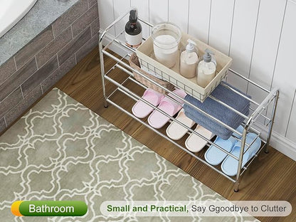 3-Tier Expandable Shoe Rack – Adjustable Heavy Duty Organizer Shelf | 100% Stainless Steel & 4-Rod Stretchable | Small Space Shoe Rack for Closet Entryway (15" to 27", Silver)