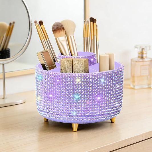 Diesisa Bling Makeup Organizer: 360°Rotating Bling Rhinestone Cosmetic Display Cases -Diamond Makeup Brush Holder - 5 Slot Cup for Cosmetics - Bling Lipstick Organizer - Gift for Women -Diamond Purple