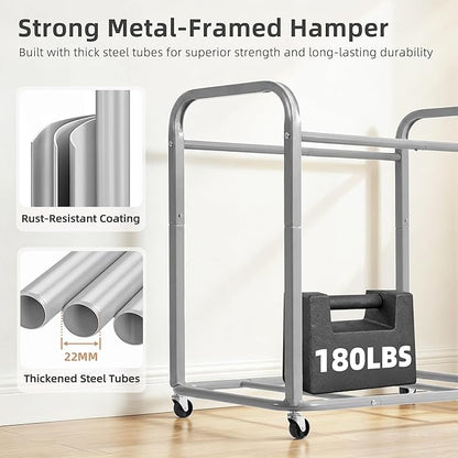 STORAGE MANIAC 3 Section Laundry Sorter, 60 Gal. Laundry Hamper Cart with Heavy Duty Rolling Lockable Wheels and Removable Bags, Clothes Organizer Basket Clothes Separator Hamper, Gray with Lid