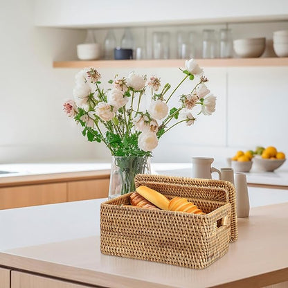 Hipiwe Rattan Basket with Lid Rectangular Lidded Basket Natural Hand-Woven Wicker Storage Basket Bin for Shelf Organizing Picnic Food Bread Table Storage Basket, 12"x7.9"x 5.9"