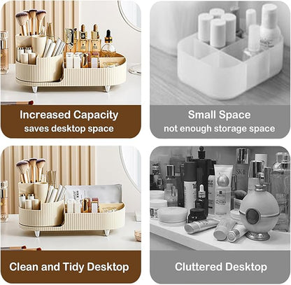 Rotating Makeup Organizer for Vanity with Brush Holder, Cosmetic Makeup Storage Organizer, Large Spinning Makeup Skincare Organizer, Countertop Makeup Perfume Organizer, Lotions Display Case Ivory