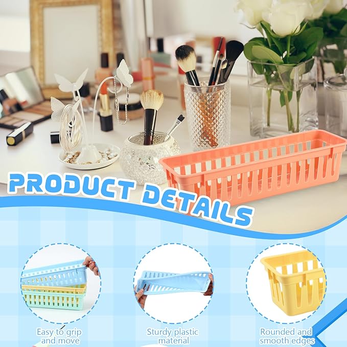 6 Pcs Morandi Slim Plastic Storage Baskets Tray 10 x 3 x 2.5 Inch Compact Stackable Desk Organizer for Office, Classroom, School Supplies, and Home Storage, Organization(Morandi)