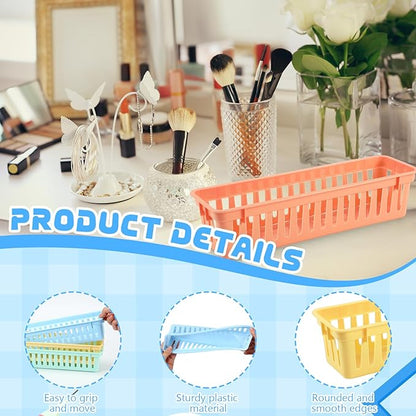 6 Pcs Morandi Slim Plastic Storage Baskets Tray 10 x 3 x 2.5 Inch Compact Stackable Desk Organizer for Office, Classroom, School Supplies, and Home Storage, Organization(Morandi)