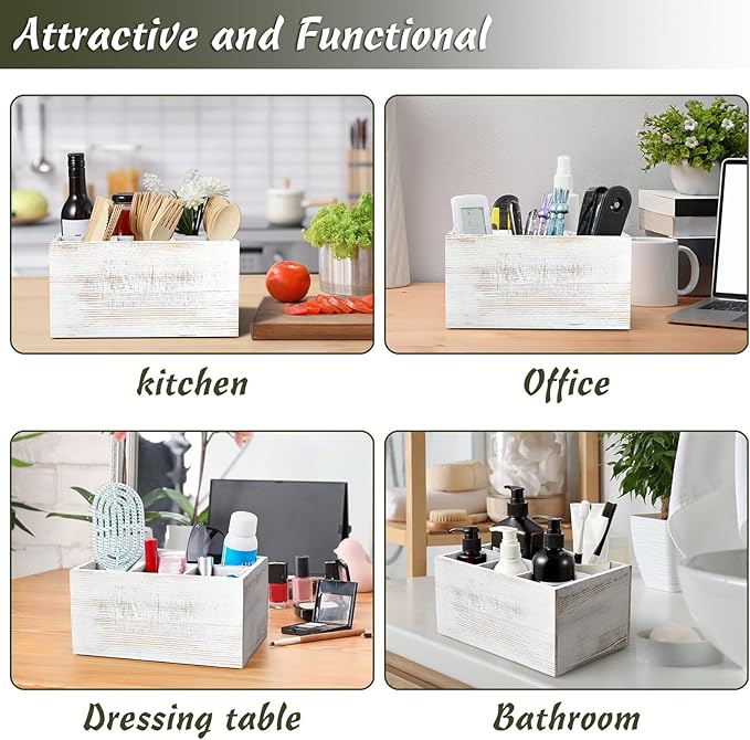 DRASTAR Silverware Caddy, Wooden Utensil Holder, Picnic Cutlery Holder, Whitewashed Silverware Holder, Plastic Silverware Caddy for Party, Countertop, Camping