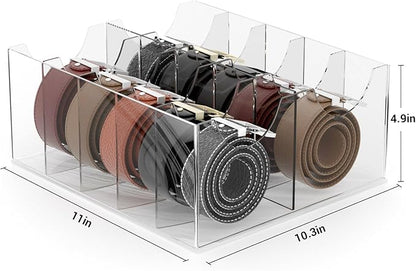 Large Acrylic Belt Organizer, Clear 10 Compartments Storage with Dust Cover, Display Holder