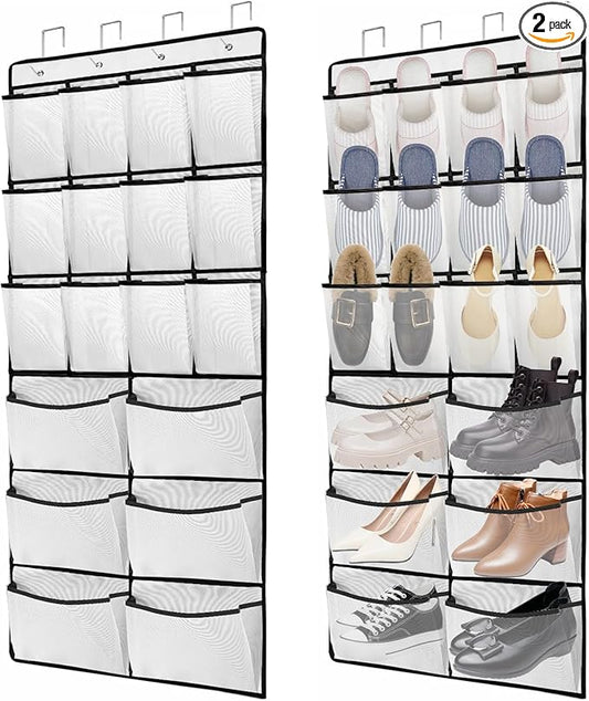 2 Packs Over the Door Shoe Organizer, 36 Large Mesh Pockets Hanging Shoe Boots Rack Holder, Closet Hanging Organizers for Storage Sneakers High Heeled Shoes Slippers (White)