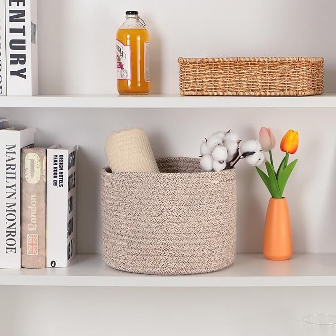 MiniArk Small Basket for Organizing | Cube Shelf Closet Storage Baskets | 9.7×9.7×7.1” | Woven Rope Gift Basket | Nursery | Round 3 Packs Mixed Brown