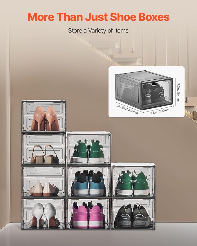VEVOR Shoe Storage Boxes, 9 Pack Clear Stackable Shoe Boxes Storage Organizers with Magnetic Door, Fit up to US Size 13, Plastic Sneaker Containers for High Heels, Boots, and Hats, Transparent Black