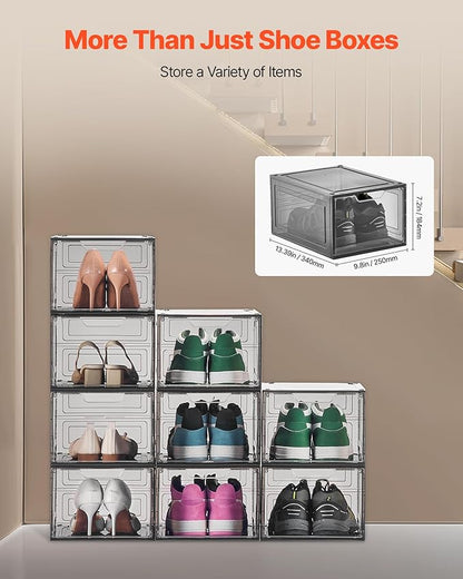VEVOR Shoe Storage Boxes, 9 Pack Clear Stackable Shoe Boxes Storage Organizers with Magnetic Door, Fit up to US Size 13, Plastic Sneaker Containers for High Heels, Boots, and Hats, Transparent Black