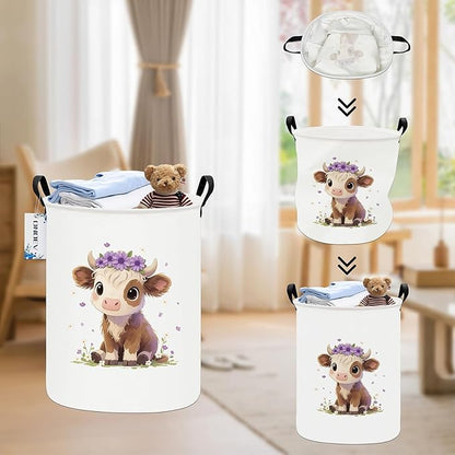 Round Cow Laundry Basket,Collapsible Laundry Hamper for Nursery,Cute Highland Cow Toy Storage Bin for Kids,Waterproof Storage Basket for Home,Bedroom,Playroom,New Parent Gift (Cute calf)