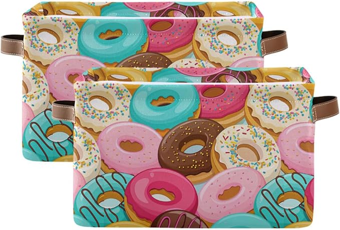 Donuts Storage Basket Bin, Large Cube Storage Box Canvas Collapsible Storage Organizer for Home Office Closet - 15 L x 11 W x 9.5 H