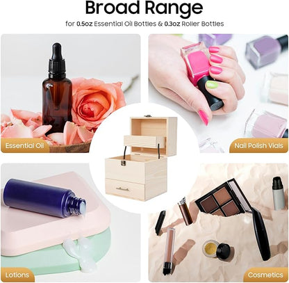 3 Tiers Essential Oil Storage Box, Wooden Perfume Bottle Display Organizer Case w/59 Slots, for 15 ml Bottles Nail Polish Collection Holder