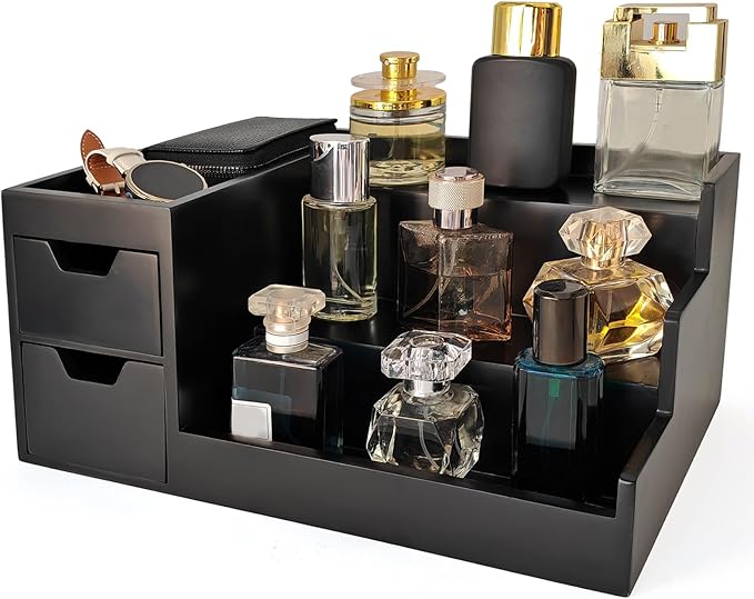 Countertop Perfume & Makeup Organizer - Wooden Rack, Cologne Stand Shelves & Skincare Organizer for Bedroom Dresser, Organizador de Perfumes Estante para Perfumes (Black, 01)