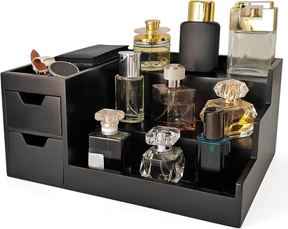 Countertop Perfume & Makeup Organizer - Wooden Rack, Cologne Stand Shelves & Skincare Organizer for Bedroom Dresser, Organizador de Perfumes Estante para Perfumes (Black, 01)