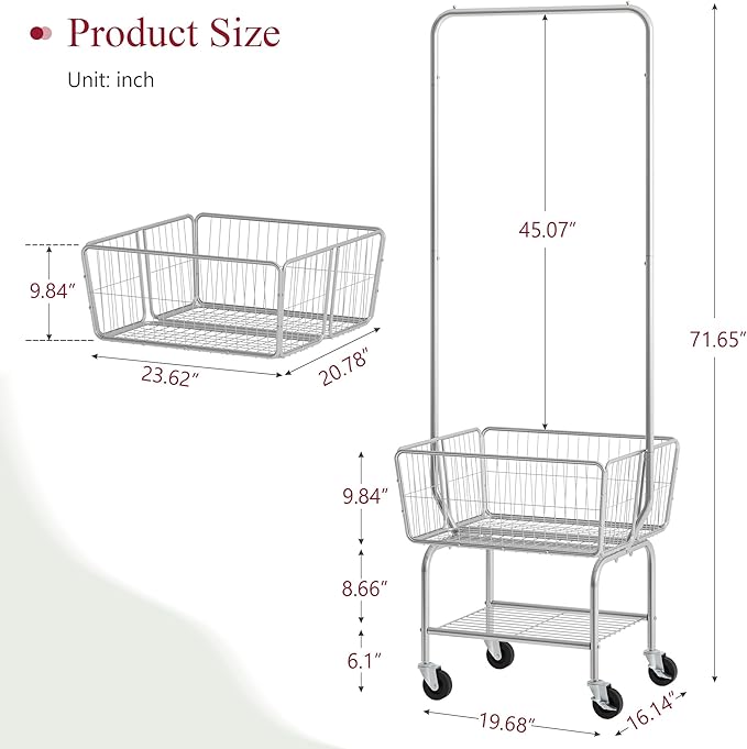 Tajsoon Laundry Cart with Hanging Rack, Metal Rolling Laundry Cart with Wheels and Storage Basket, Silver
